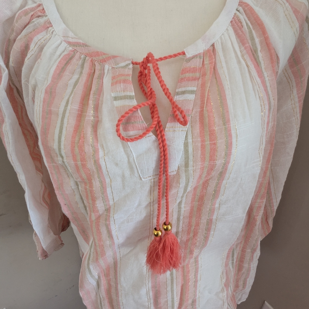 Unique Spectrum Pink and White Tie Front 3/4 Sleeve Blouse